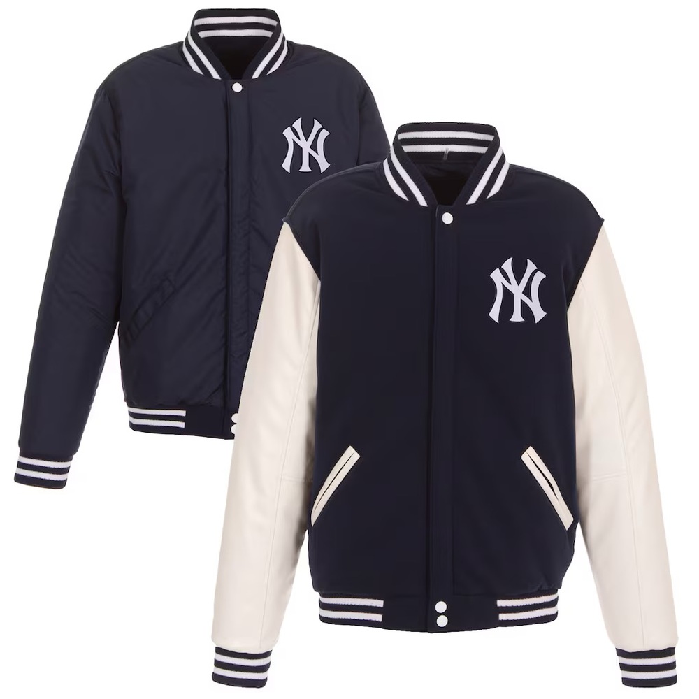 New York Yankees Reversible Fleece Jacket w/ Faux Leather Sleeves size small